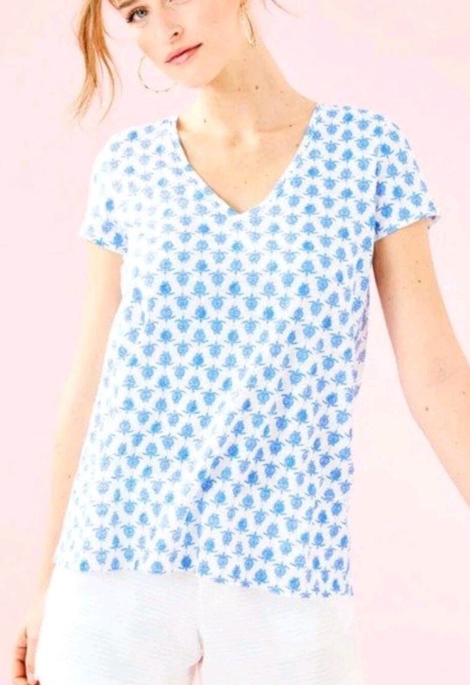 Lily Pulitizer Turtle Print Etta Shirt Women's Large Blue White Coastal Beachy